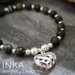 925 Sterling Silver Bracelet with African Turquoise & A Heart Charm by INKA - Picture 1 of 9