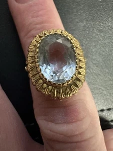 Vintage Large Natural Swiss Blue Topaz Ring 18K Yellow Gold Size 6 - Picture 1 of 10