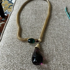 Vintage 60er MOD goldfarbene Kette mit Glas Cabochon Landebahn geformte Glasschlange - Bild 1 von 6