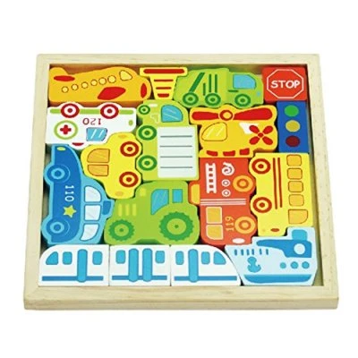 Wood Cars and Vehicles Playset with Box, Ship Plane Helicopter Puzzle Blocks Toy - Image 1 of 4