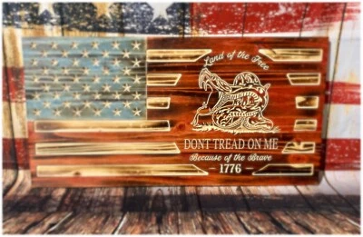 US Rustic Wood Burned Flag Gadsden Dont Tread On Me American Flag Painted Carved - Image 1 of 4