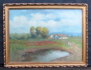 Vintage European Village Landscape Oil on Canvas Painting - Picture 1 of 4