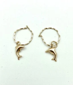 Beautiful 14k Gold Earrings - Round Hoop W Dolphin Charms - Dainty 0.3 Grams - Picture 1 of 5
