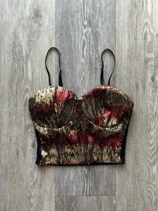 Y2K Codigo Disco Gold & Red Sequin Padded Bustier Crop Top Size S - Picture 1 of 7