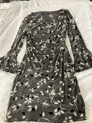 Lauren Ralph Lauren Wrap Dress Sz 10 Long Bell Sleeve Side Ruched Career Gray - Image 1 of 4