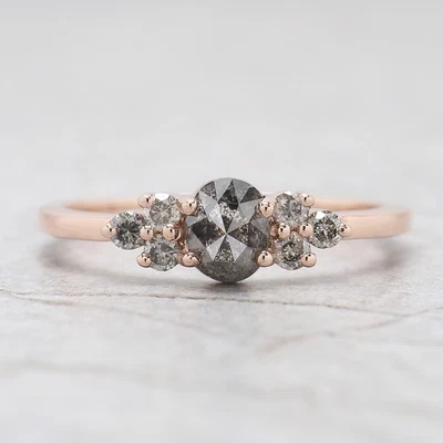 0.72 Ct Oval Cut Salt And Pepper Diamond Ring Rose Gold Engagement Ring KD1106 - Image 1 of 4