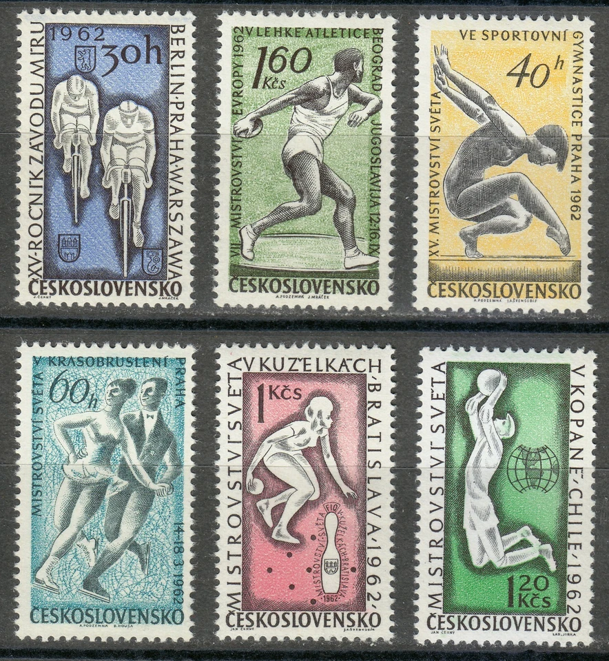 Checoslovaquia 1962 MNH Mi 1315-1320 Sc 1091-1096 Ciclistas, gimnasta, fútbol ** Foto 1 de 2