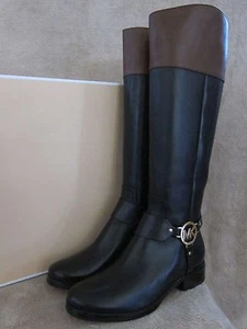 MICHAEL KORS Fulton Arnés Negro y Mocha Marrón Botas de Cuero Zapatos EE. UU. 5,5 M Nuevo con Caja - Imagen 1 de 7