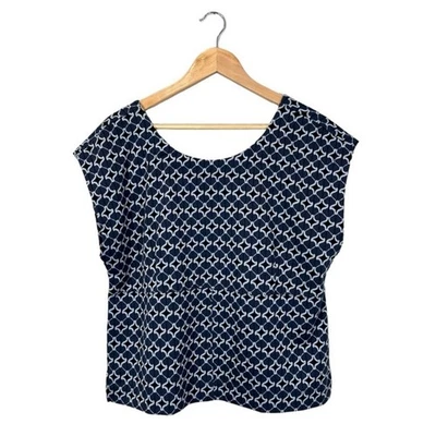 Anthro Maeve Jacquard Knit Top w/ Zipper V-Back Boxy Top Blue White Print Sz XL - Image 1 of 4