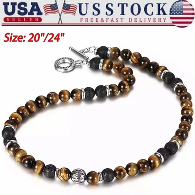Ожерелье мужское Tiger Eye 8 мм натуральные лавовые бусины нержавеющая сталь переключатель 20/24 дюйма - Изображение 1 из 4
