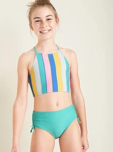 Old Navy High Neck Strappy Back Bikini Teal Multi Stripe Girl's Size Large - Picture 1 of 20