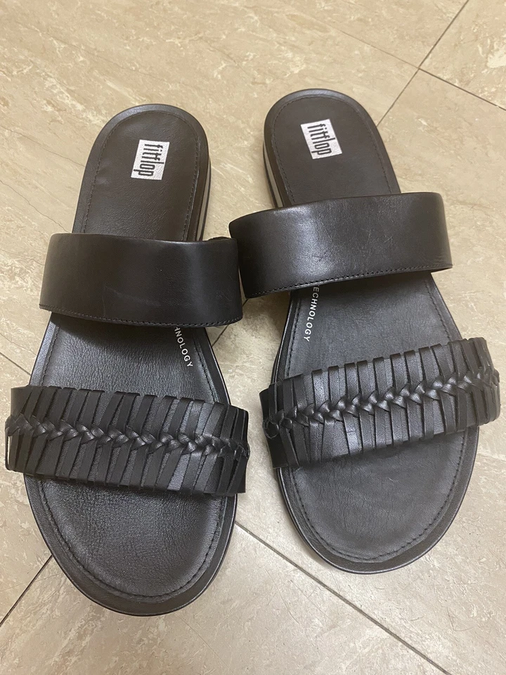 Fitflop UK 6 Gracie Slide-Wrapped Weave Sandals Black Slip On Leather - Image 1 of 4