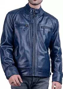 Unbranded Size XS Blue Motorcycle Leather Jacket Men Quilted - Picture 1 of 9