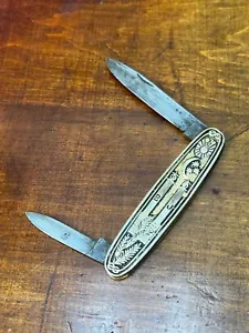 Antique Pocket Folding Knife Masonic Free Masons Symbols Ornate Brass Scales - Picture 1 of 6