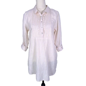 Cynthia Rowley Tunika Oberteil Medium 100 % Leinen weiß gelb Streifen Rollriegelärmel - Bild 1 von 11