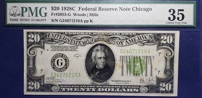 Fr#2053-G 1928C $20 FRN Chicago (SN:G24071219A) PMG VF 35  - Image 1 of 2