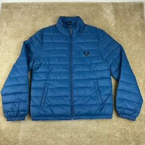 True Religion Mens Puffer Jacket XL Blue Logo Outdoors full zip quilted - Picture 1 of 18