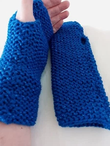Fingerless Gloves Knitted In A Cobalt Glitter Soft Yarn One Size  - Picture 1 of 1