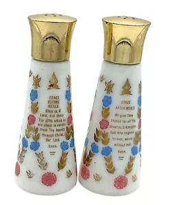VTG BEFORE AFTER MEAL GRAZIA PREGHIERA SALE E PEPE SHAKER CERAMICA VERNICE ORO - Foto 1 di 4