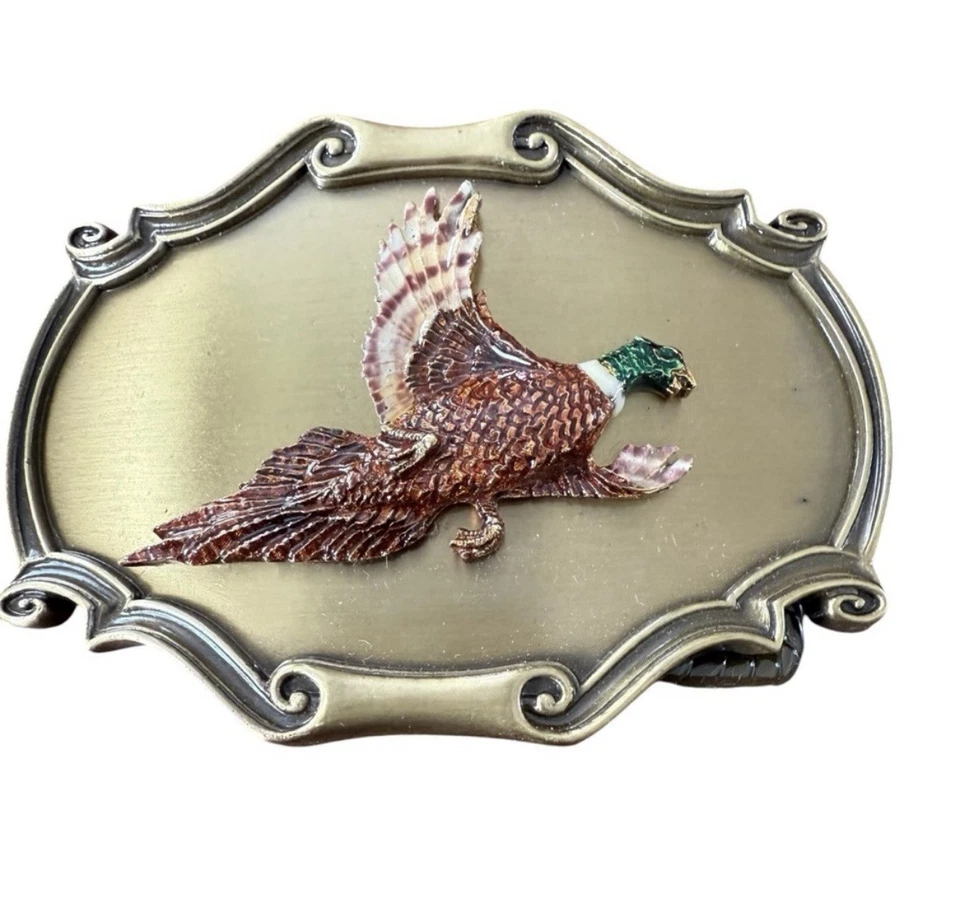 Vtg Pheasant Wildlife Belt Buckle Buckle Made In USA Brass Raintree Bird Nature - Image 1 of 4