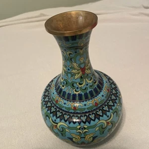 Original Vintage Chinese Floral Turquoise Cloisonne Vase (10.5") - Picture 1 of 6
