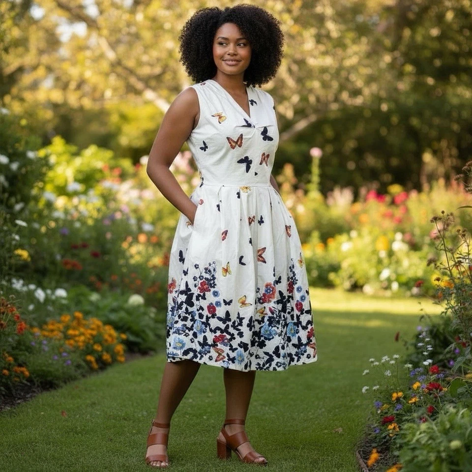 Vestido Belle Poque 2XL Mariposa Floral Bolsillos Línea A Cottagecore Rockabilly De Colección Foto 1 de 4