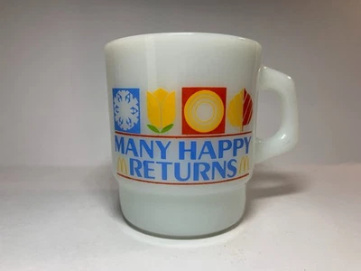 ANCHOR HOCKING FIRE KING MILK GLASS MUG MCDONALDS RESTAURANT MANY HAPPY RETURNS - Image 1 of 4