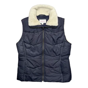 Vintage Y2K Collared Puffer Vest Womens Large Fleece Fur Trim 2000s Retro Coat - Picture 1 of 4