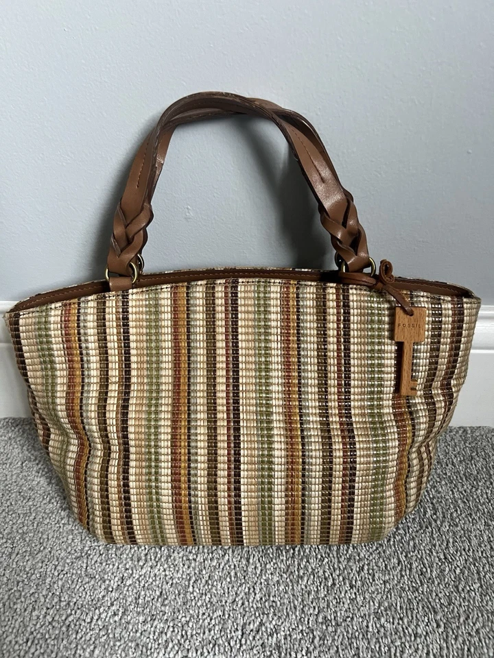 Bolso de Hombro Fossil Natural Multicolor Tejido a Rayas Imitación Cuero Borde Foto 1 de 4