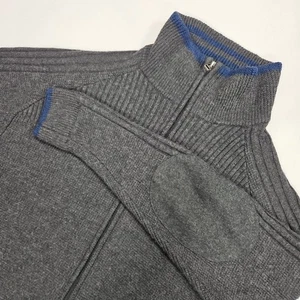 Ibex Mens Large Merino Wool Full Zip Sweater Gray Blue Mock Neck Elbow Patches - Picture 1 of 10