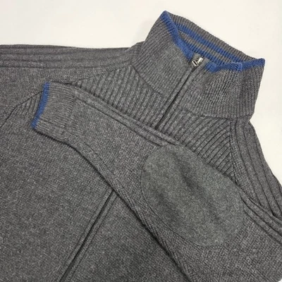 Ibex Mens Large Merino Wool Full Zip Sweater Gray Blue Mock Neck Elbow Patches - Image 1 of 4