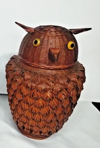 70s Shanghai Handicrafts Woven Owl Basket Glass Eyes Wood Ears Copper/Tin Inter Cover