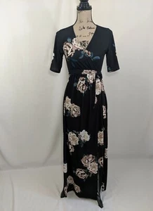 ASOS Maternity Maxikleid US-Größe 2 Faux Wickeloptik vorne Ellbogenärmel Blumenmuster schwarz  - Bild 1 von 10
