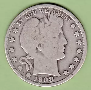 1908 D Barbiere Mezzo Dollaro Gradi MOLTO BUONO ~ MOTTO COMPLETO MOSTRA. pz c9 - Foto 1 di 5