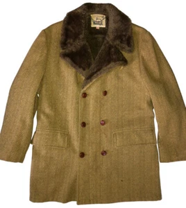 Vintage Woolrich Herringbone Tweed Wool Coat Faux Fur Lined Men's Size 42 Brown - Picture 1 of 8