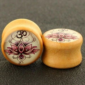 OM Lotus Flower Hippie Boho Wood Double Flare Ear Plug Stretcher Earing Logo - Picture 1 of 2