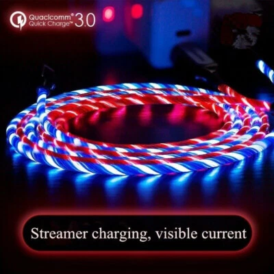 LED Flowing Charger Micro USB Cable Fast Charging Type-C 8pin for iPhone Android - Image 1 of 4