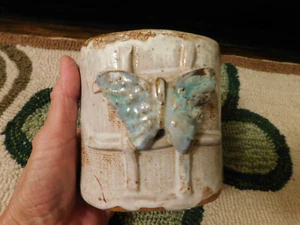 Vtg Ceramic Single Flower small bouquet Vase 3D Butterfly Rustic Tan Teal Oval - Picture 1 of 6