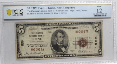 1929 $5 CHESHIRE NB  KEENE, NH LOW SERIAL #17 SCARE LOCATION PCGS 12 FINE - Image 1 of 4