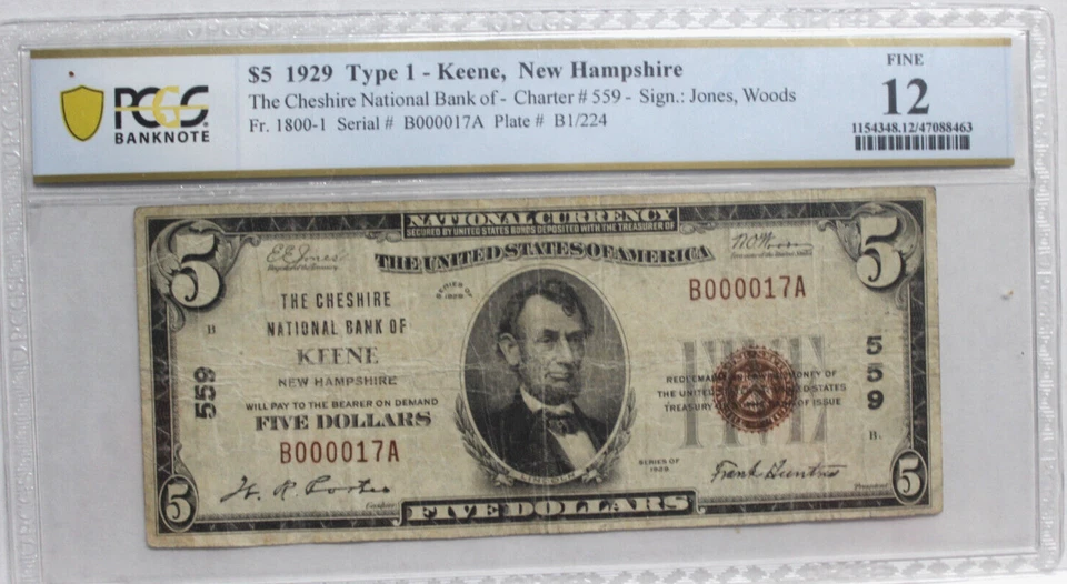 1929 $5 CHESHIRE NB  KEENE, NH LOW SERIAL #17 SCARE LOCATION PCGS 12 FINE - Image 1 of 4