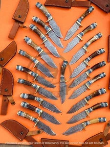 A SET OF 20 8" HANDMADE DAMASCUS STEEL STAG HORN SKINNER KNIVES W/L SHEATH - Picture 1 of 5