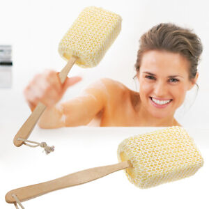 Sponge Sisal Brush Long Handled Wooden Loofah Back Scrubber Spa Body Shower Bath