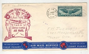 1939 TRANS ATLANTIC AIRMAIL FLIGHT NY TO IRELAND BY IOOR & DUAL CACHET - Picture 1 of 2