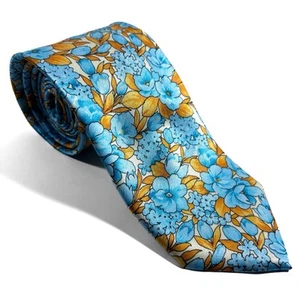Light Blue & Gold Floral Motif Silk Satin Tie (Handmade in Italy) - Picture 1 of 4