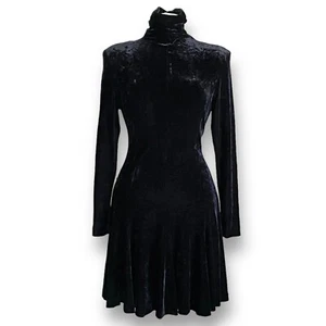 Vintage 1980s Nicole Miller Dress Sz 6 Black Crushed Velvet Funnel Neck Goth - Picture 1 of 12