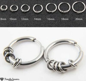 Surgical Stainless Steel Silver Rings Circle Pendant Punk Huggie Hoop Earrings - Picture 1 of 22