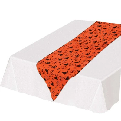 Halloween Fabric Table Runner Cloth Set of 2 Party Decor Black Cats Orange Bats - Image 1 of 4