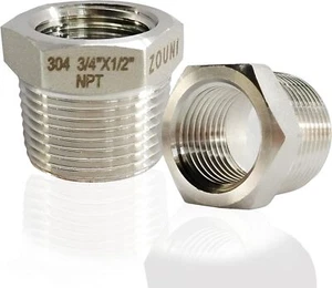 2 Pcs Reducer Hex Bushing, 304 Stainless Steel 3/4" Male NPT to 1/2" Female NPT( - Picture 1 of 6