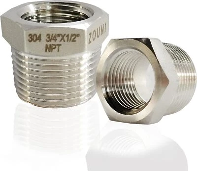 2 Pcs Reducer Hex Bushing, 304 Stainless Steel 3/4" Male NPT to 1/2" Female NPT（ - Image 1 of 4