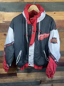 Vintage 90s Detroit Red Wings NHL Hockey Full Zip Red Puffer Jacket Pro Player L - Picture 1 of 17